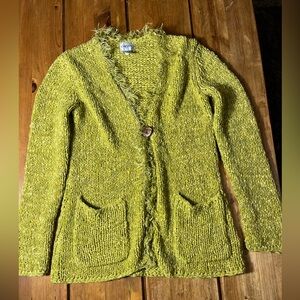 Chico's Lime Green Open-Front Fringe Knit Cardigan